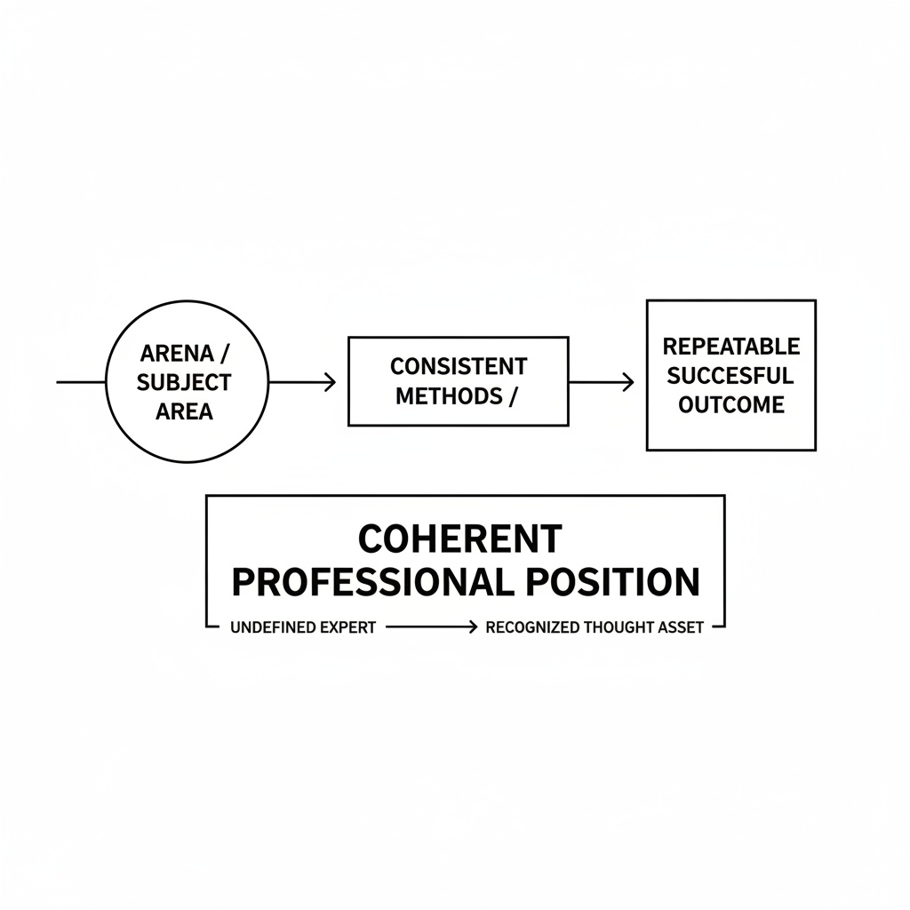 Illustration showing how a professional position is built from three parts: a category, a mechanism, and a specific outcome.